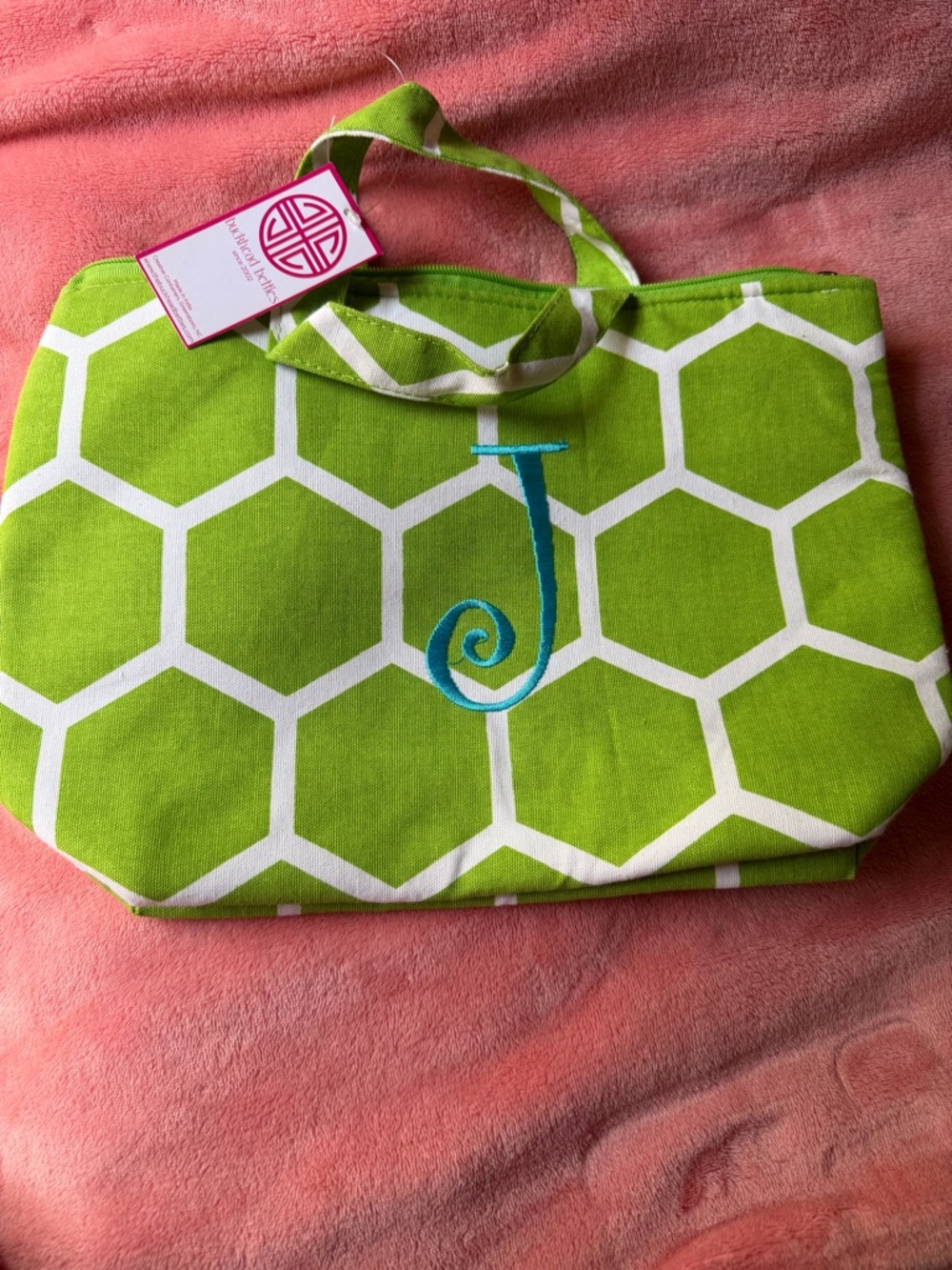 Monogrammed Green Geo-Print Tote Bag Lunch box- J Initial